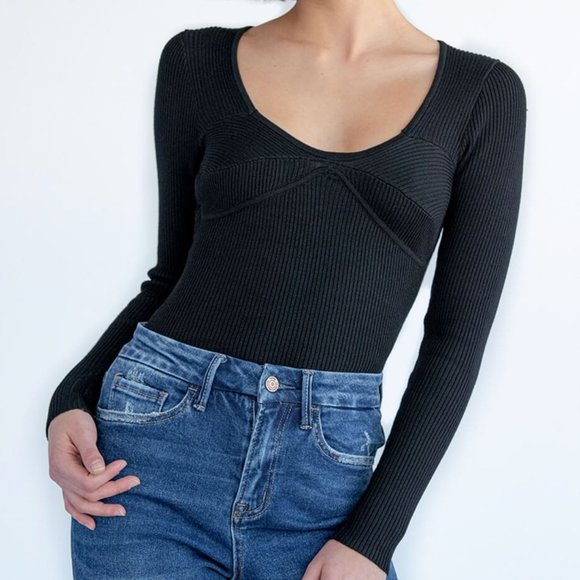 Scoop Neck Rib Knit Bustier Thong Bodysuit | Love Tree - Picture 1 of 5